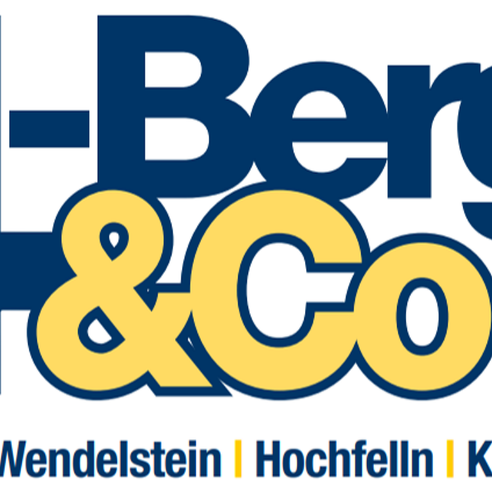 Logo mit dem Text "Berge & Co" in Blau und Gelb. Unterhalb werden mehrere Bergnamen in kleinerer Schrift aufgezählt: Sudelfeld, Wendelstein, Hochfelln, Kampenwand.
