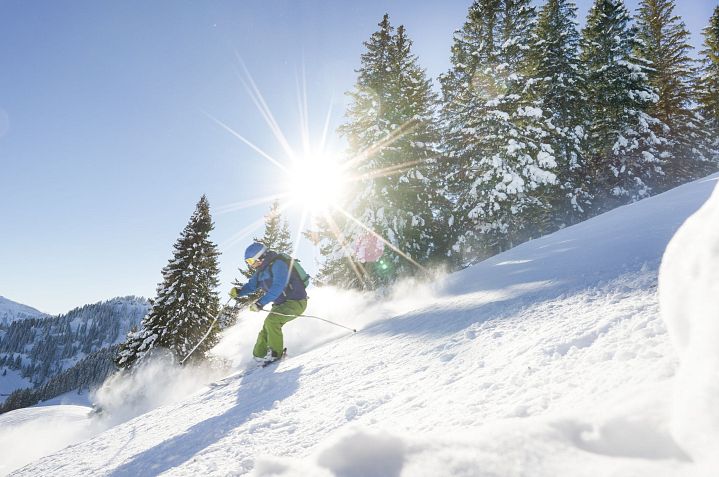 Zwei Skifahrer rasen eine verschneite Piste bei strahlendem Sonnenschein hinunter, umgeben von schneebedeckten Bäumen und klarem, blauem Himmel.