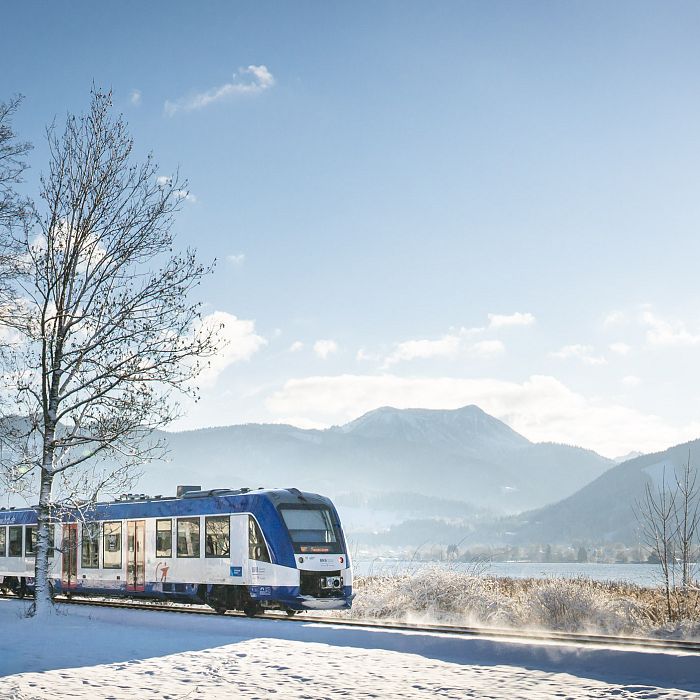 Ein Zug fährt an einem sonnigen Wintertag durch eine verschneite Landschaft mit Bergen im Hintergrund. Die Bäume sind kahl und der Himmel ist klar.