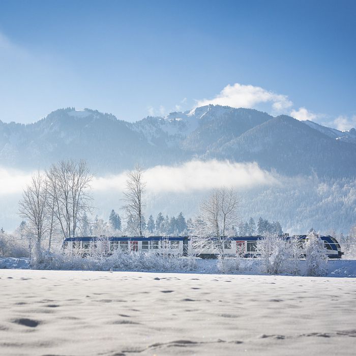 A train travels through a snowy landscape with frosted trees and mountains under a clear blue sky. Visible are snow-covered fields and distant peaks.