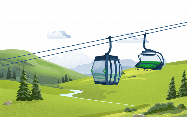 Two cable cars travel over green hills with scattered trees and a distant mountain range under a partly cloudy sky.
