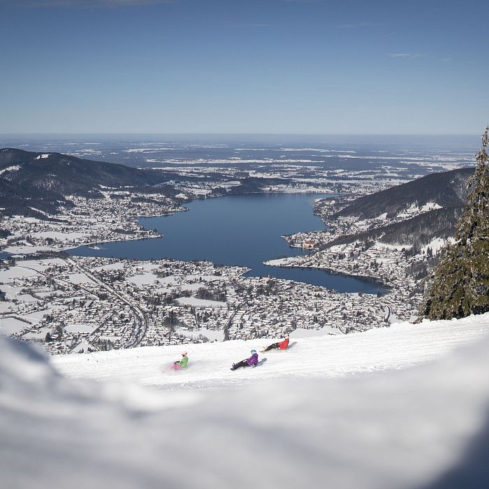 Winterlandschaft mit Blick auf einen schneebedeckten See und umgebende Berge. Drei verschneite Tannen im Vordergrund, klare blaue Himmel im Hintergrund.